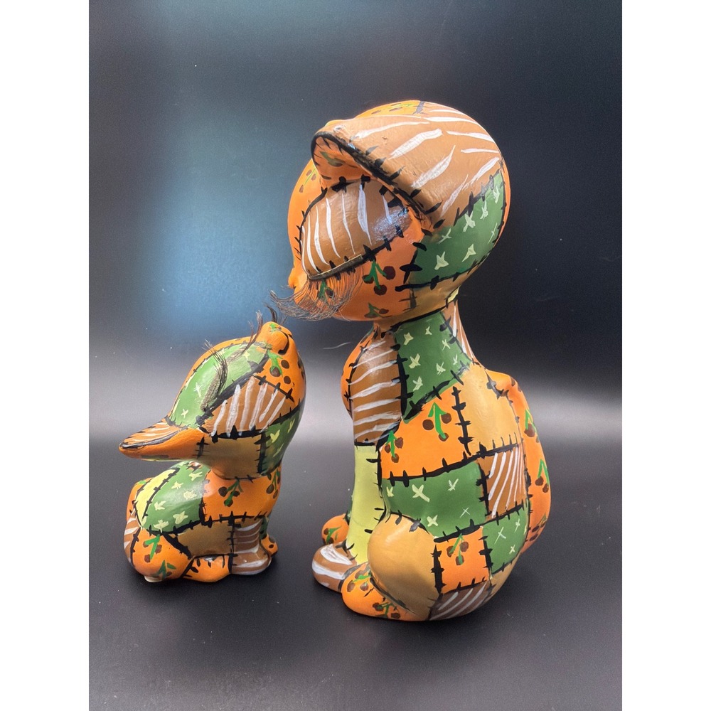 Vintage Patchwork Ceramic Cat Figurines Hand Painted Orange Green Set of 2